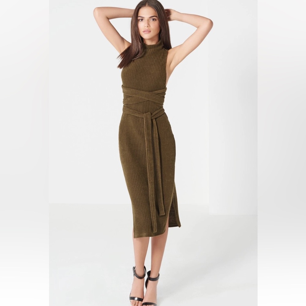 Lavish Alice Khaki rib knit open back wrap dress